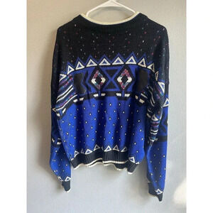 Vintage Sostanza Women's Large 90s Y2K Geometric Pullover Sweater Black Blue
